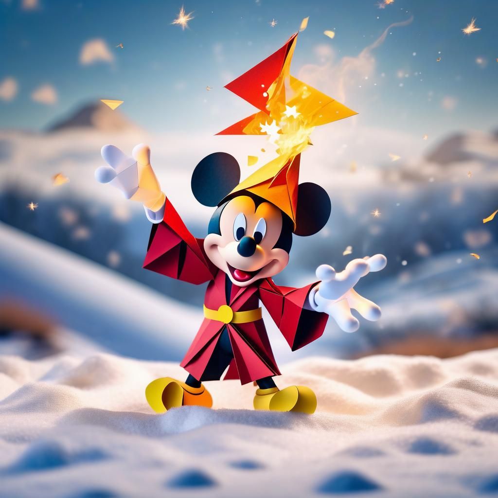 Mickey Mouse as Sorcerer in Snowy Origami Landscape