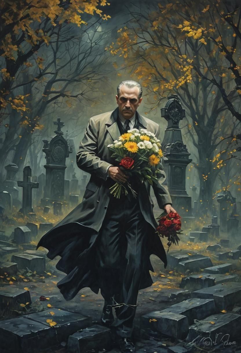 Noir Painting: Mafia Boss in Gothic Cemetery