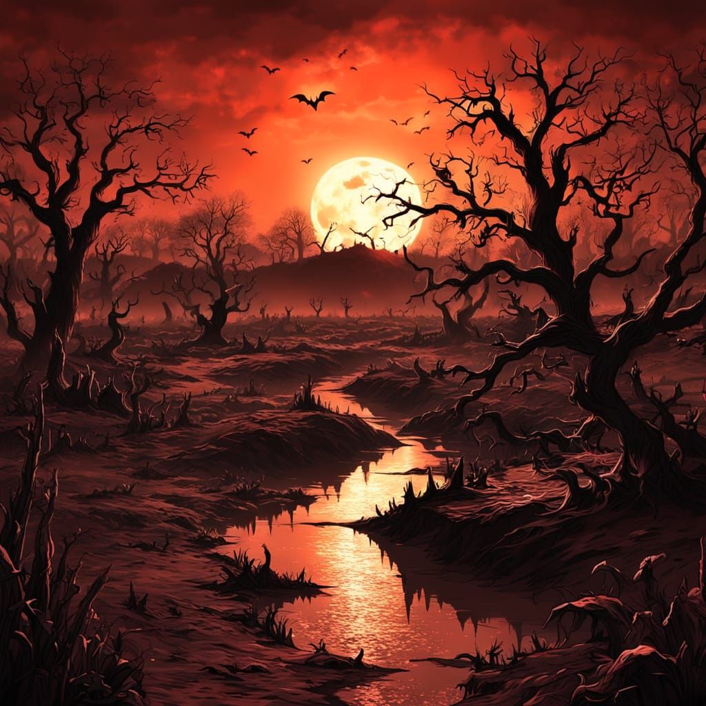 Bizarre Brown Sunset Horror Scene in Hyperdetailed Style