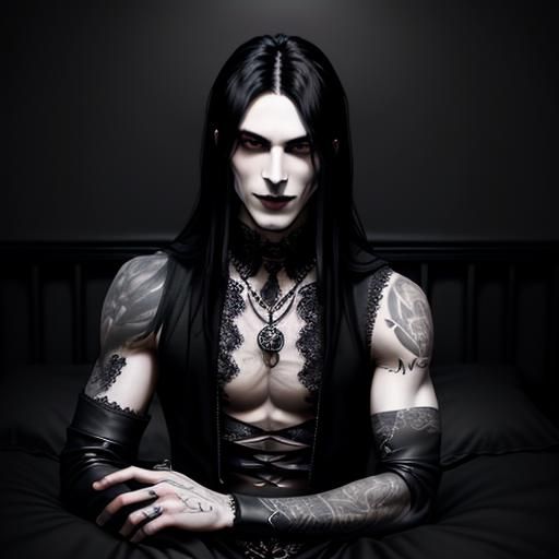 Gothic Man in Black Bed with Lace and Candles