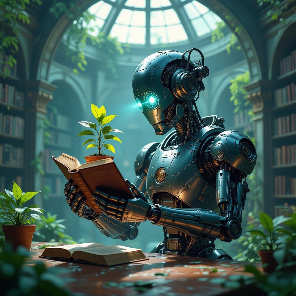 Steampunk Robot Tends Plant in Post-Apocalyptic Library