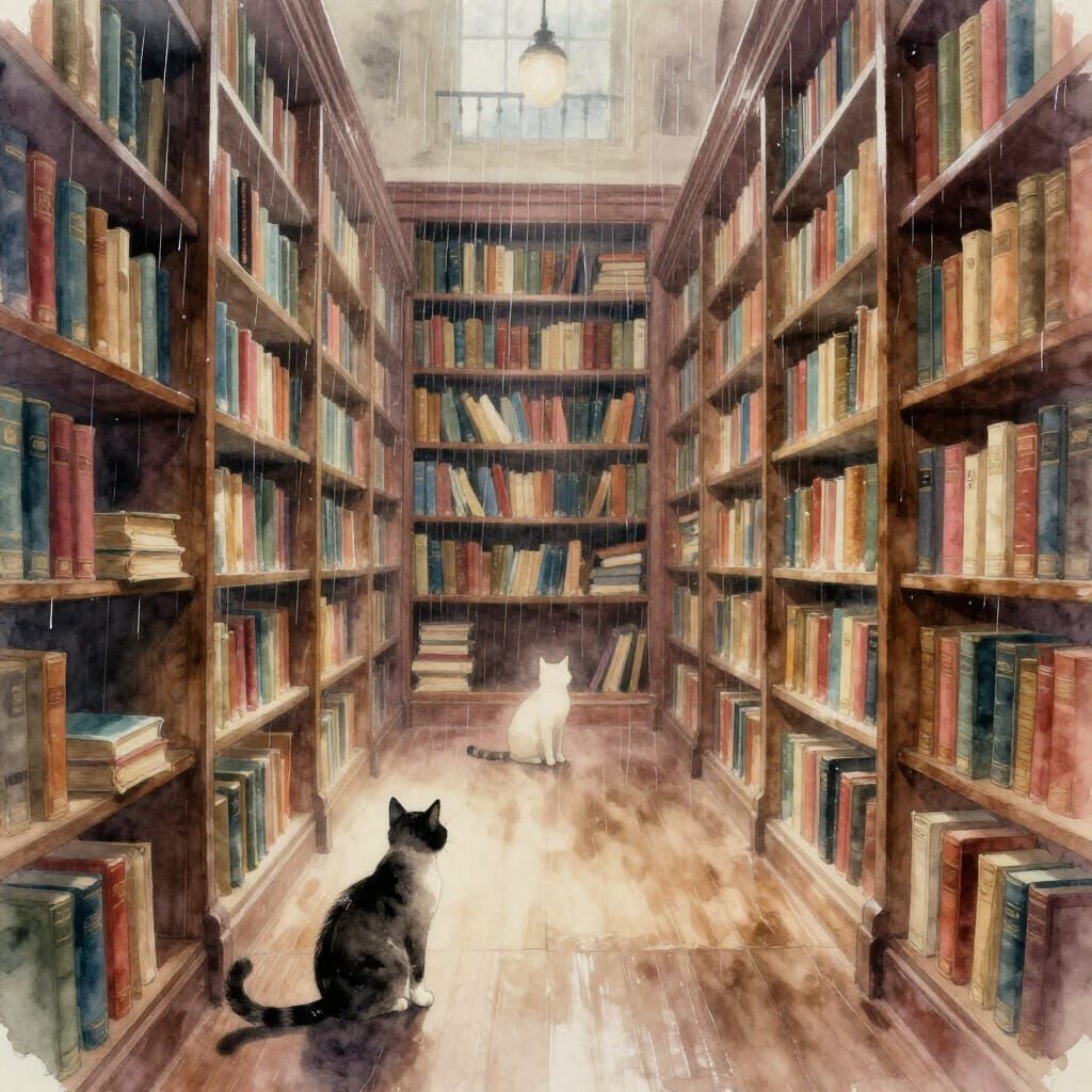 Cats in an Ink Rain Library as Watercolor Fantasy