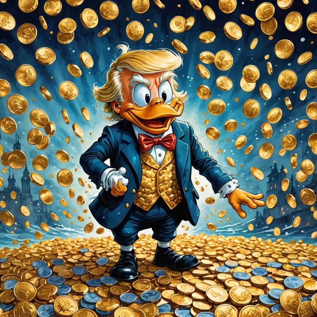 Trump as Scrooge McDuck in Gold Coins