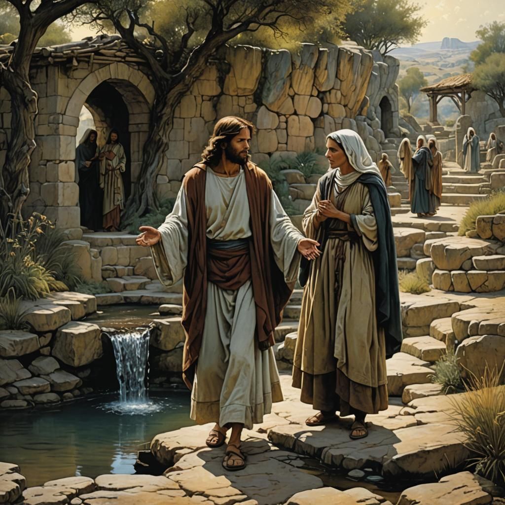 Jesus and Woman at Well, Expressive Illustration