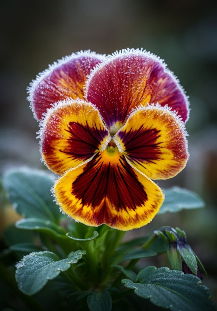 Vibrant Pansy Flower Under Frosty Macro