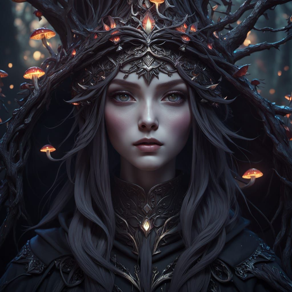 Mysterious Dark Fantasy Witch in Gnarled Forest