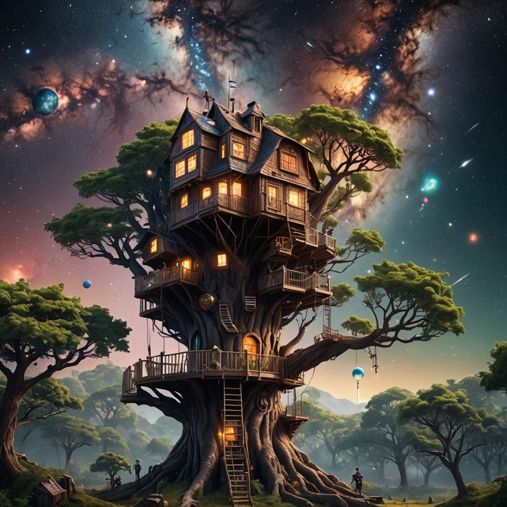 Treehouse in Outer Space with Astronauts: Fantasy Art