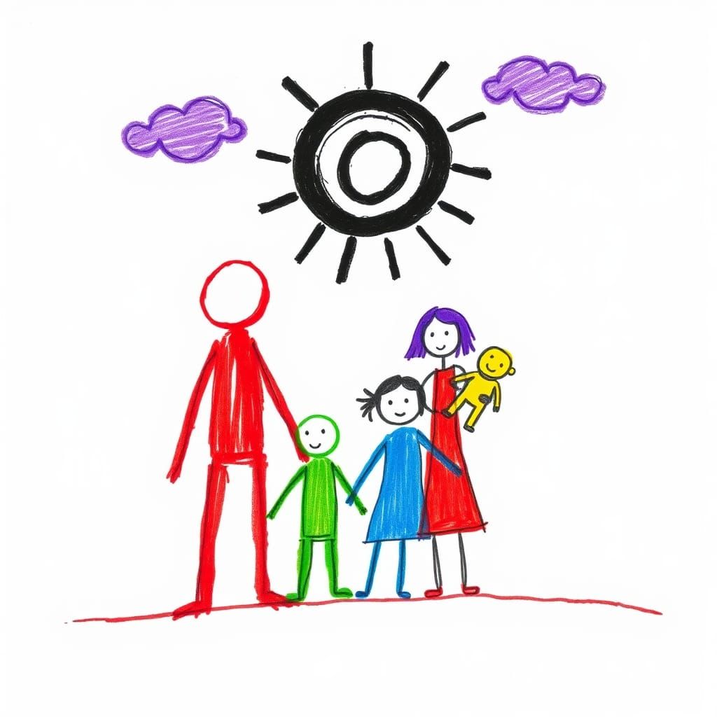 Child's Crayon Drawing of Family in Naive Art Style