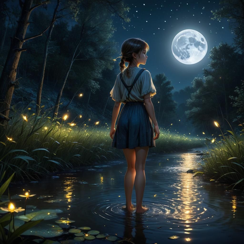 Girl, Fireflies, and Moonlit Stream at Night