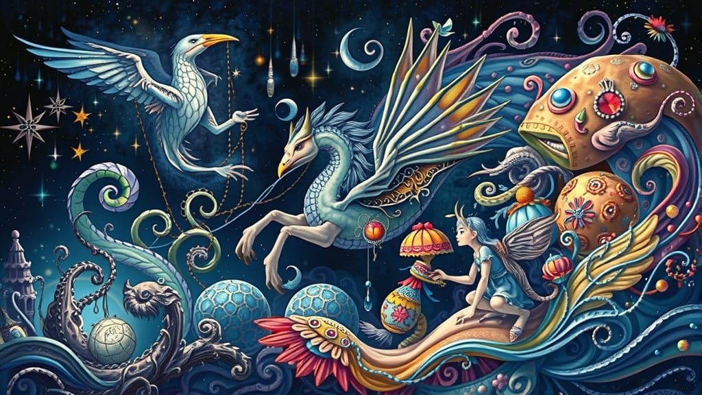 A winged unicorn gallops through a whimsical, starry night s...