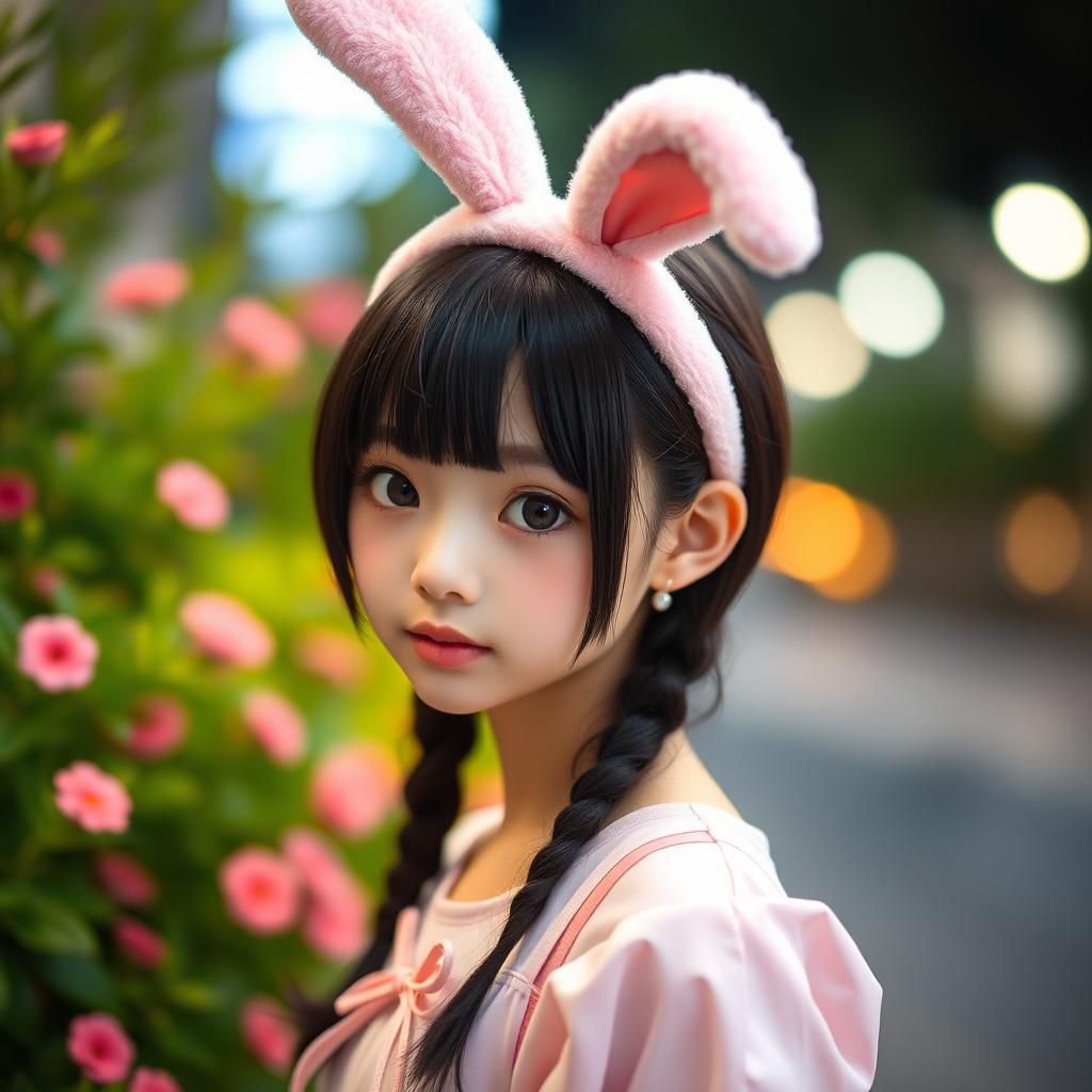 Anime Girl with Bunny Ears and Black Hair