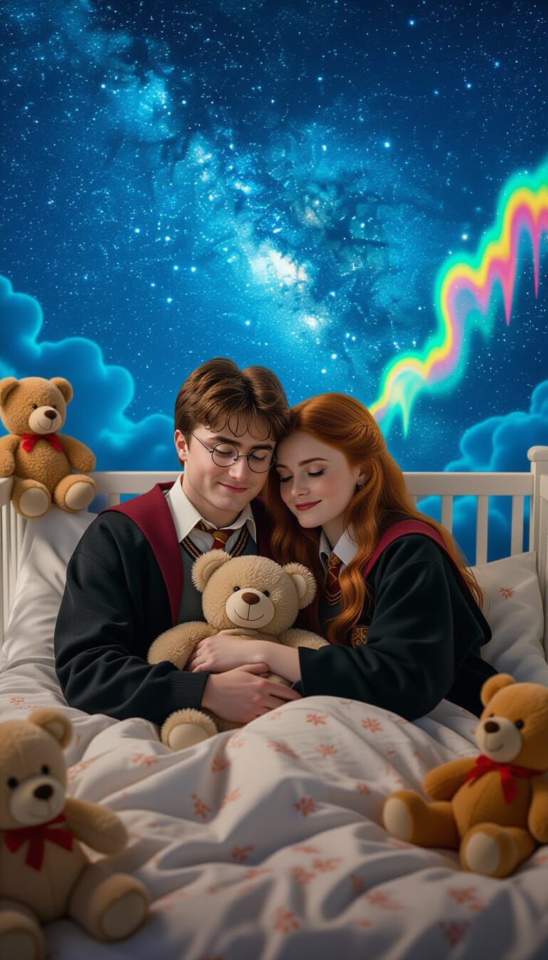 Harry Potter and Ginny Cuddle, Surreal Cyberpunk Style