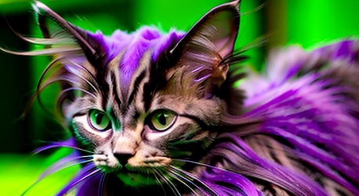 (alien long-haired cat:1.4) with purple hair and BRIGHT gree...