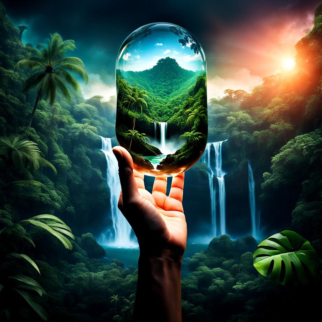 Stone Hand Holding Tropical Rainforest