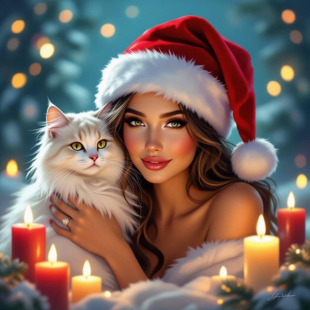 Ethereal Woman with Cat and Candles in Digital Painting Styl...