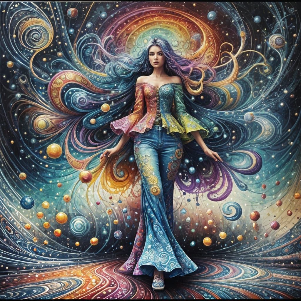 Woman Walking on a Psychedelic Starry Night