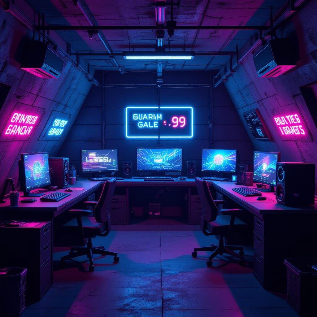 Neon Retro Bunker With Gaming Setups