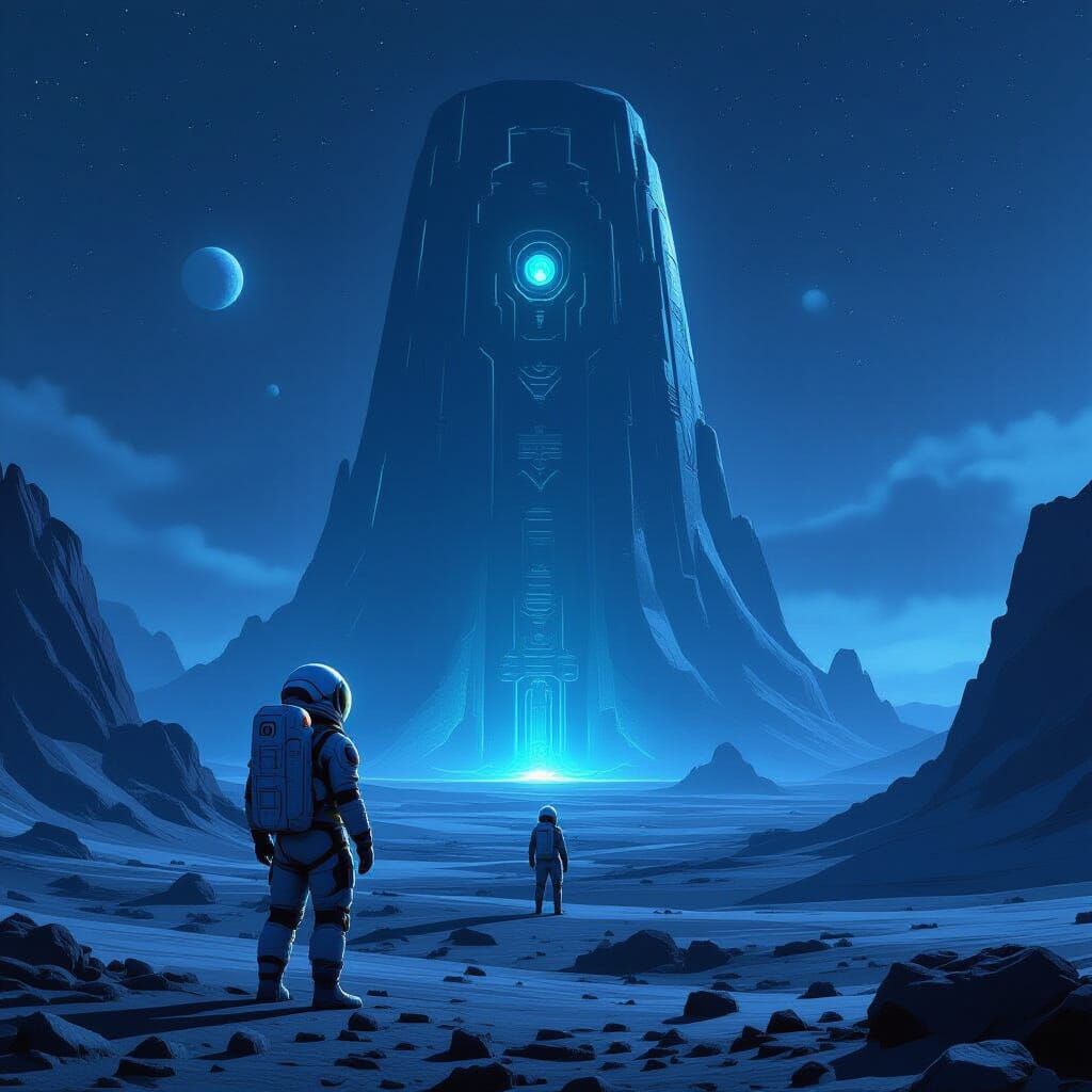 Astronaut on Alien Planet Gazing at Ancient Structure