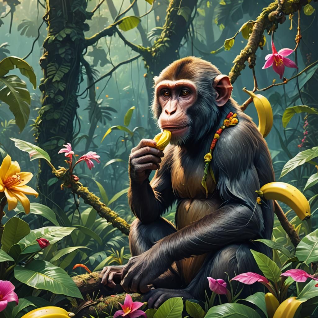 Enchanted Jungle: Monkey's Banana Feast in Vibrant Detail