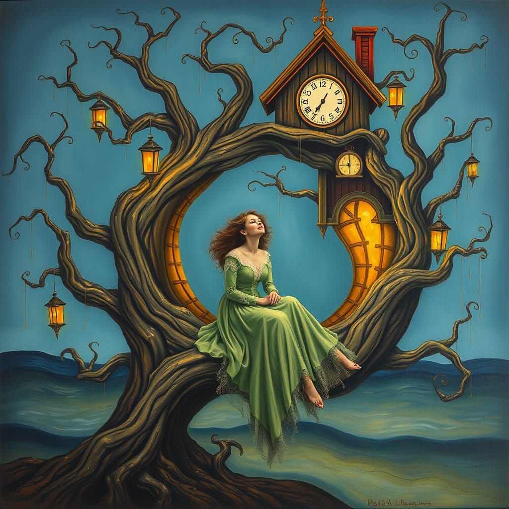 Whimsical Treehouse Scene in Surrealist Style with Oil on Ca...