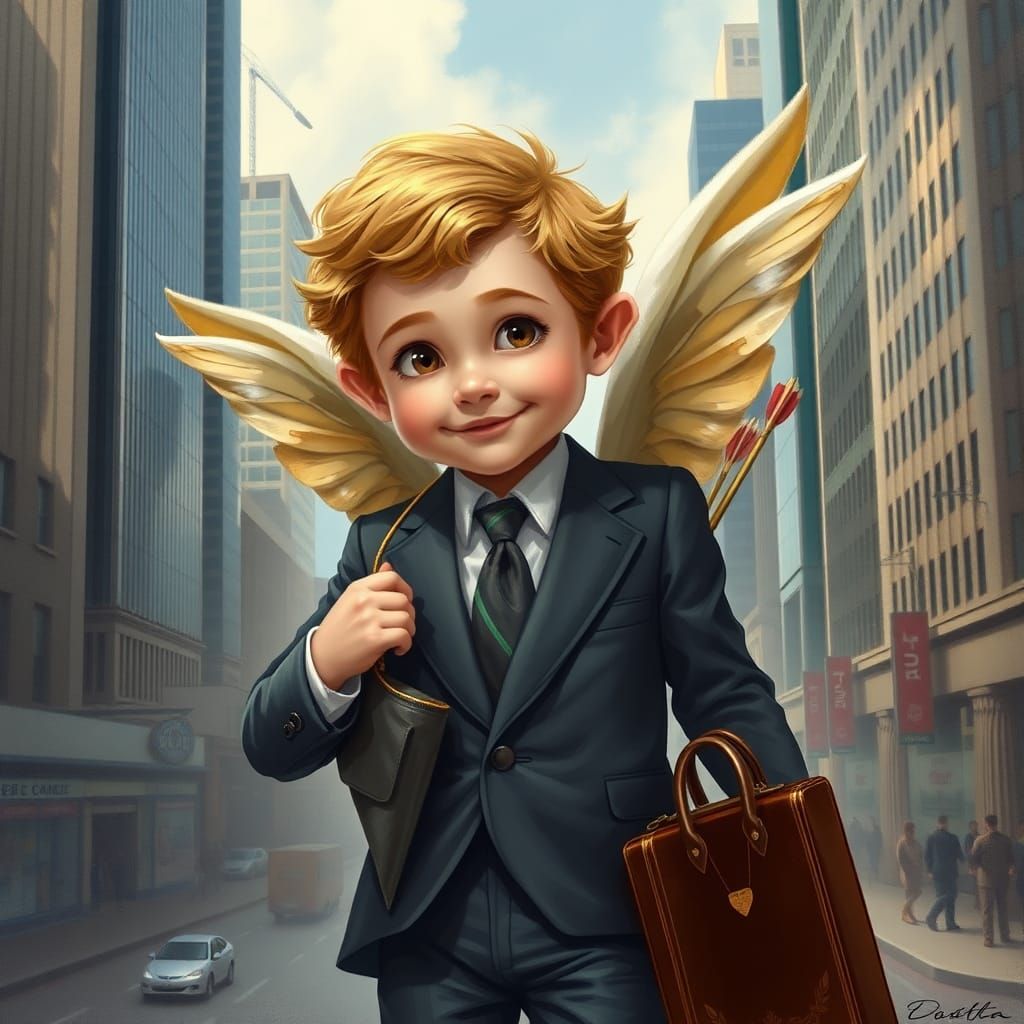 Executive Cupid in Cityscape, Realistic Style