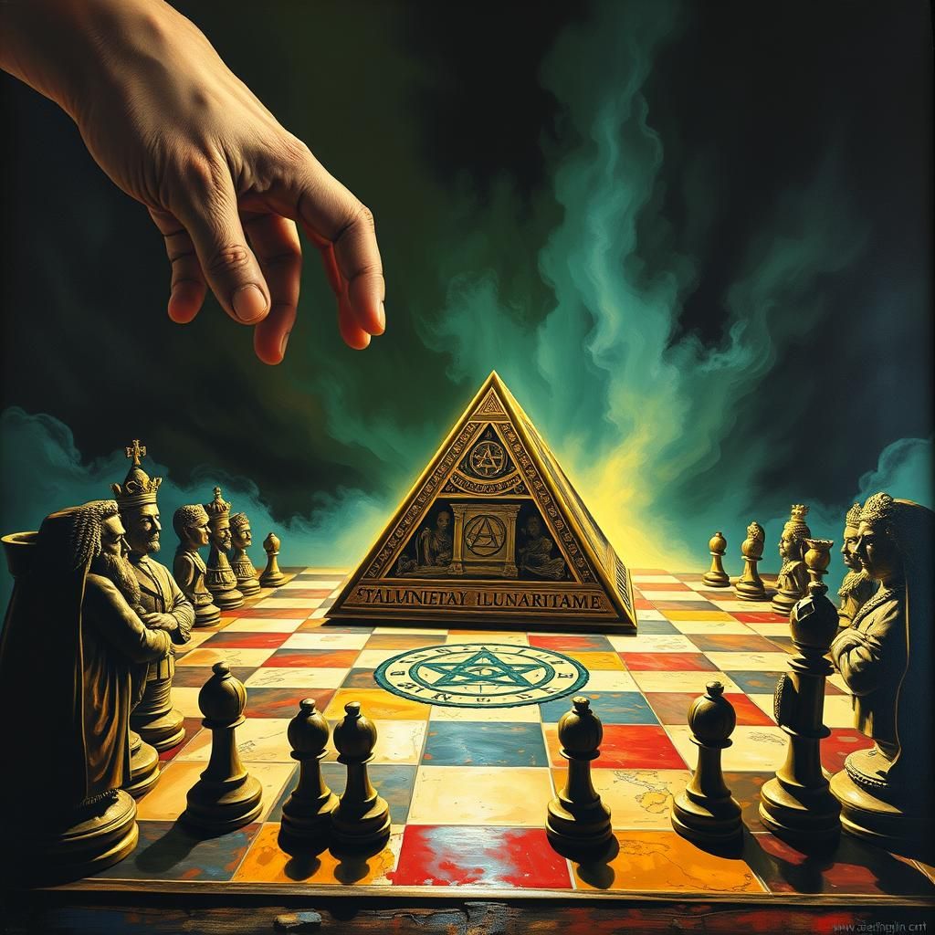 A massive chessboard where world leaders are depicted as paw...