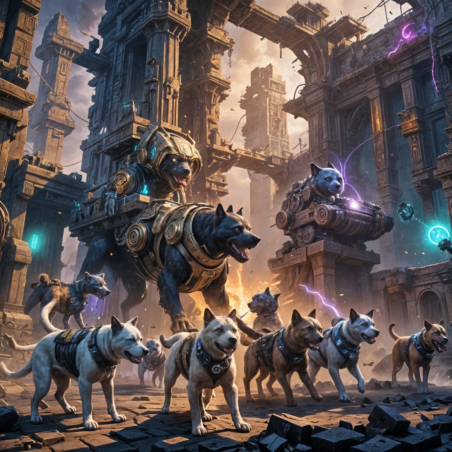 Cybernetic Dogs and Cats Battle: Detailed Fantasy Art