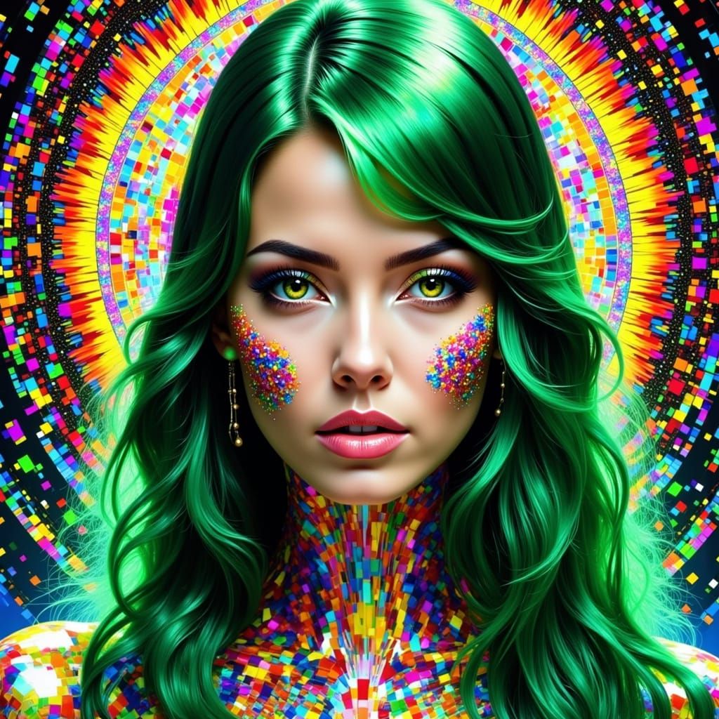 Emerald-Haired Woman in Glitch Art Style