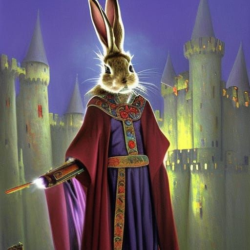 Rabbit Warlock Performing Magic, Oil Painting Style