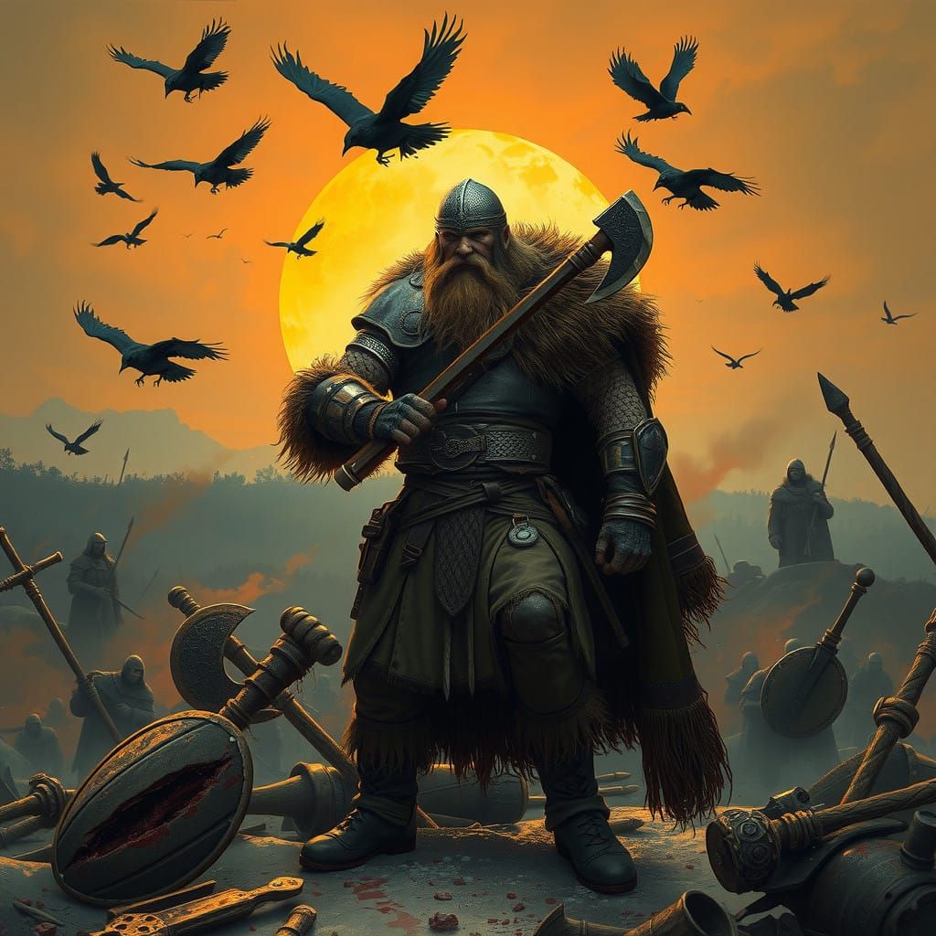 Viking Warrior in Battle Amidst a Foreboding Sunset Landscap...