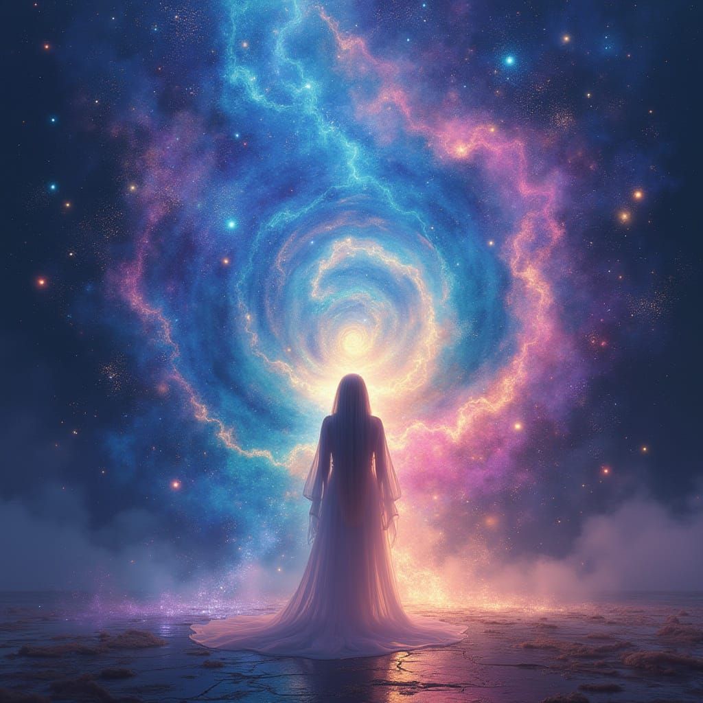 Mystical Artist Conjuring Galaxies on Swirling Canvas
