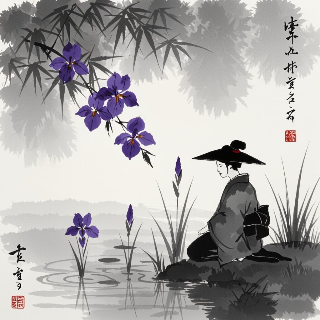 Japanese Ink Wash Painting of an Old Pond with Irises