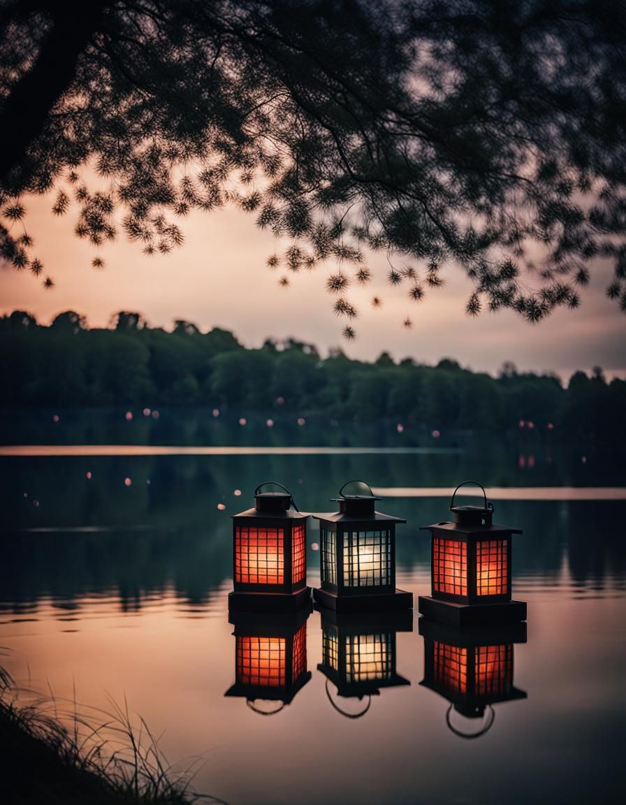 Illuminated Lanterns Reflect on Peaceful Lake