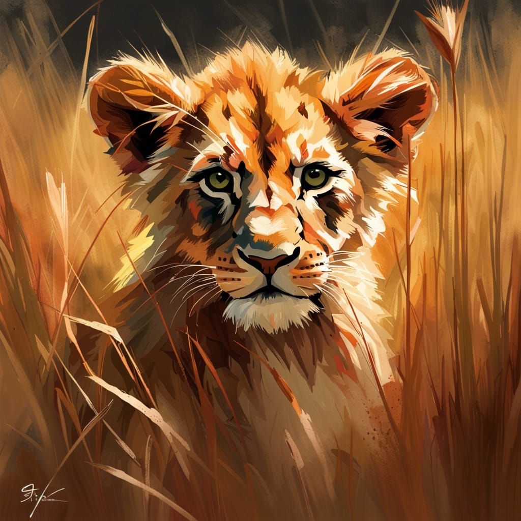 Cute Lion Cub Hiding in Grass, Hyperdetailed Portrait