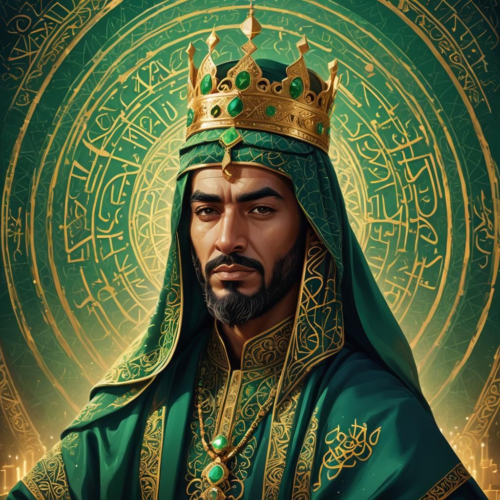 Majestic King Portrait with Arabic Calligraphy in Digital Ar...
