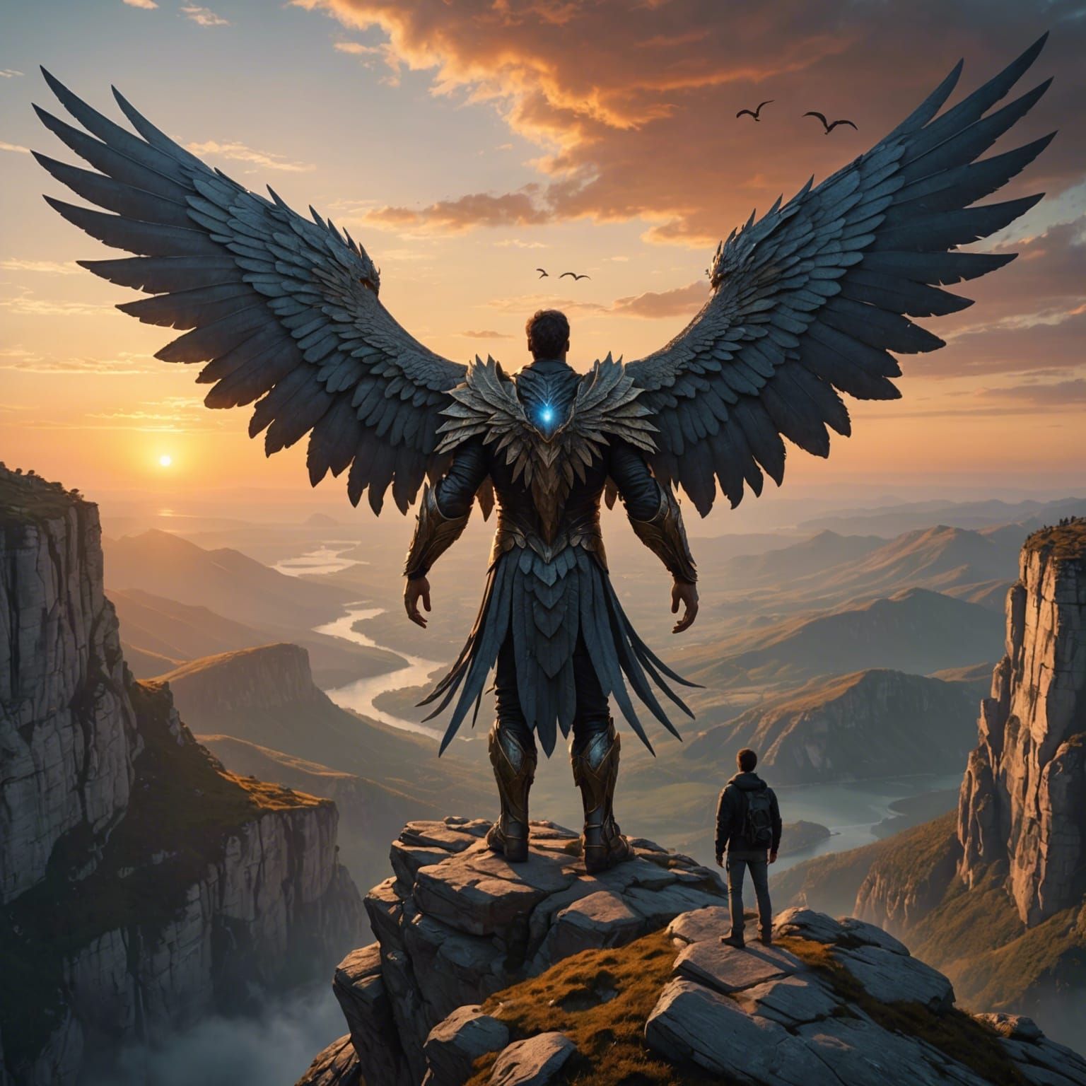 A man on a cliff looking at a massive colossal seraphim crea...