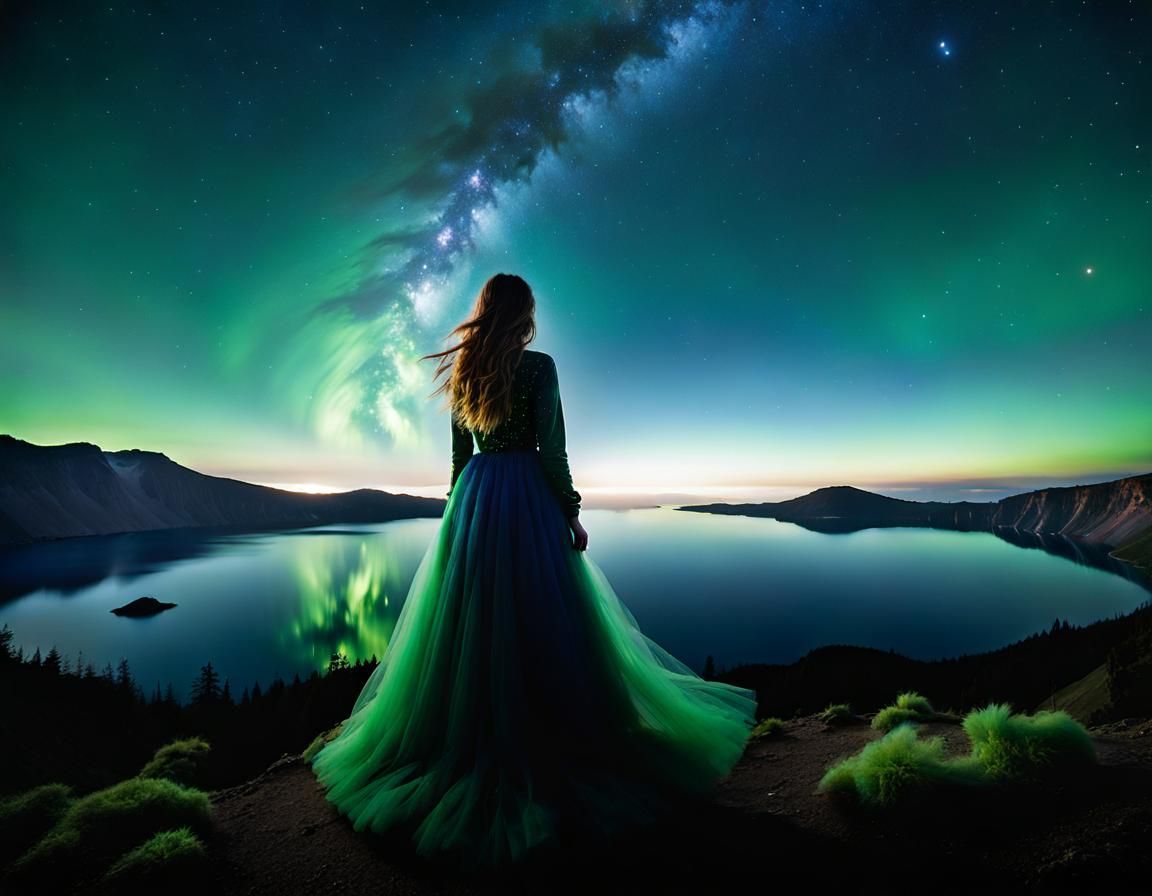 Woman Silhouette Under Starry Nebula Sky