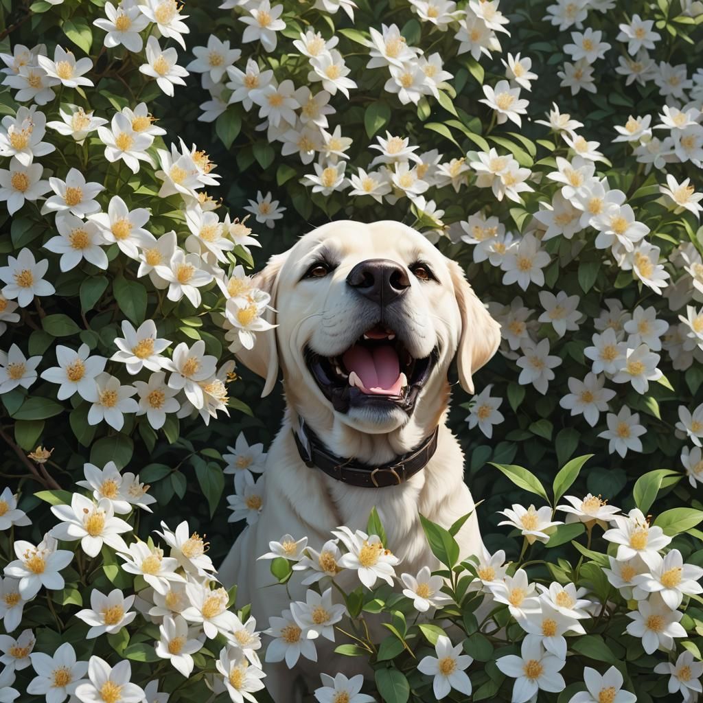 Labrador Retriever in Jasmine Bush: 3D Anime Art