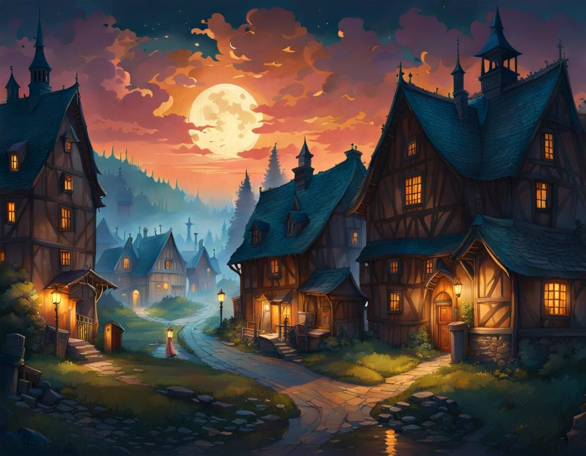 Haunted Village Illustration in Watercolor Style