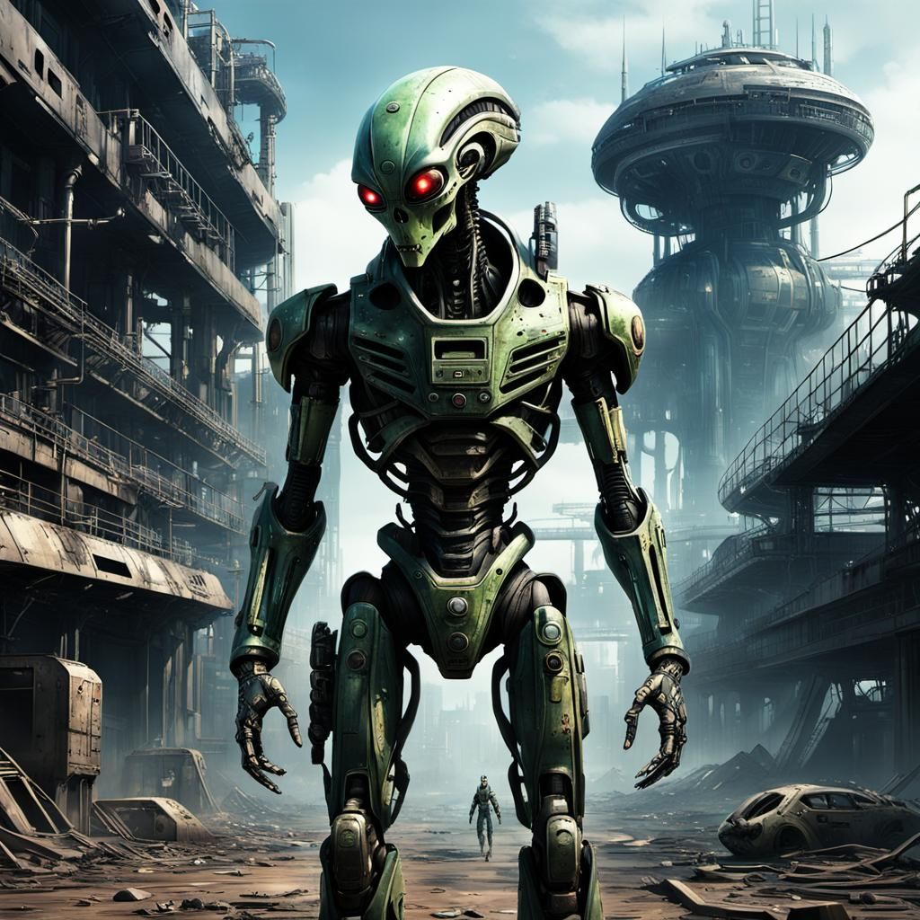Anime-Style Alien Cyborg in Ruined Sci-Fi Landscape