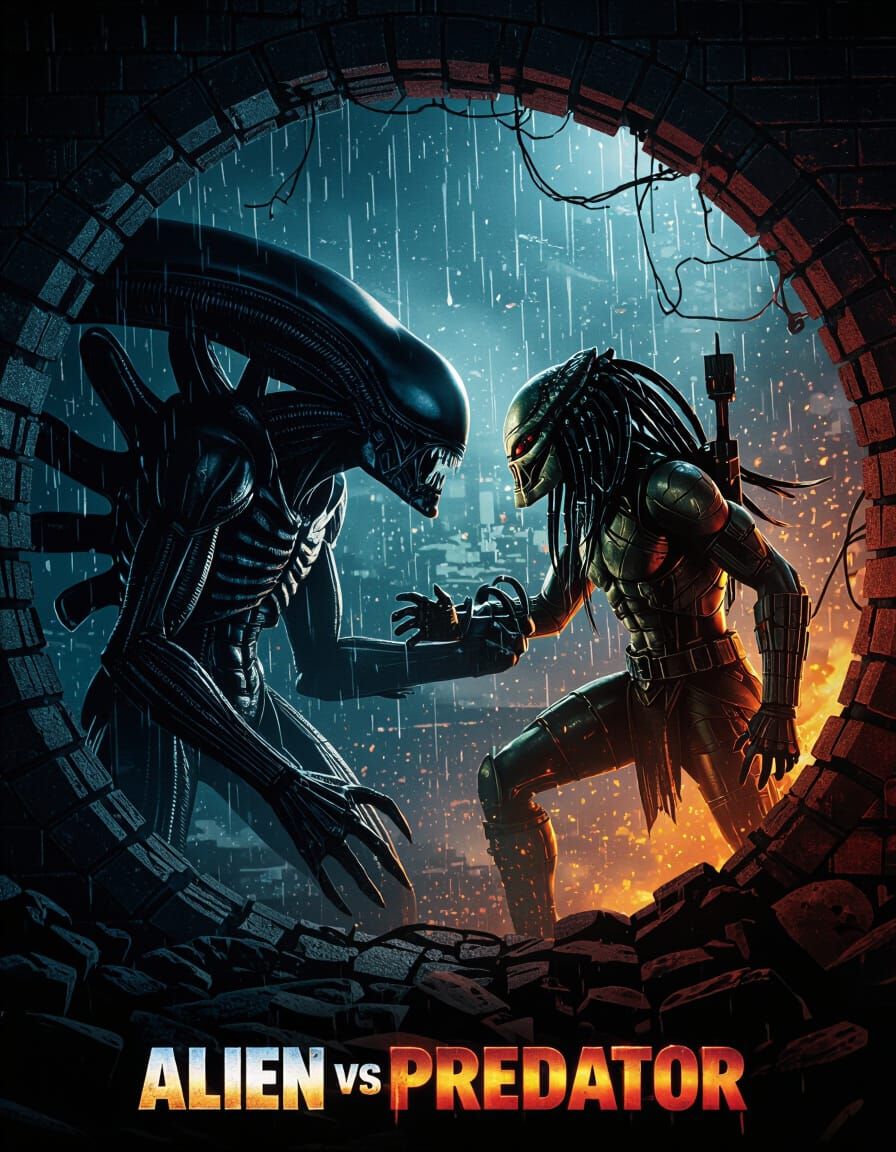 Alien vs Predator Film Poster on Brick Wall