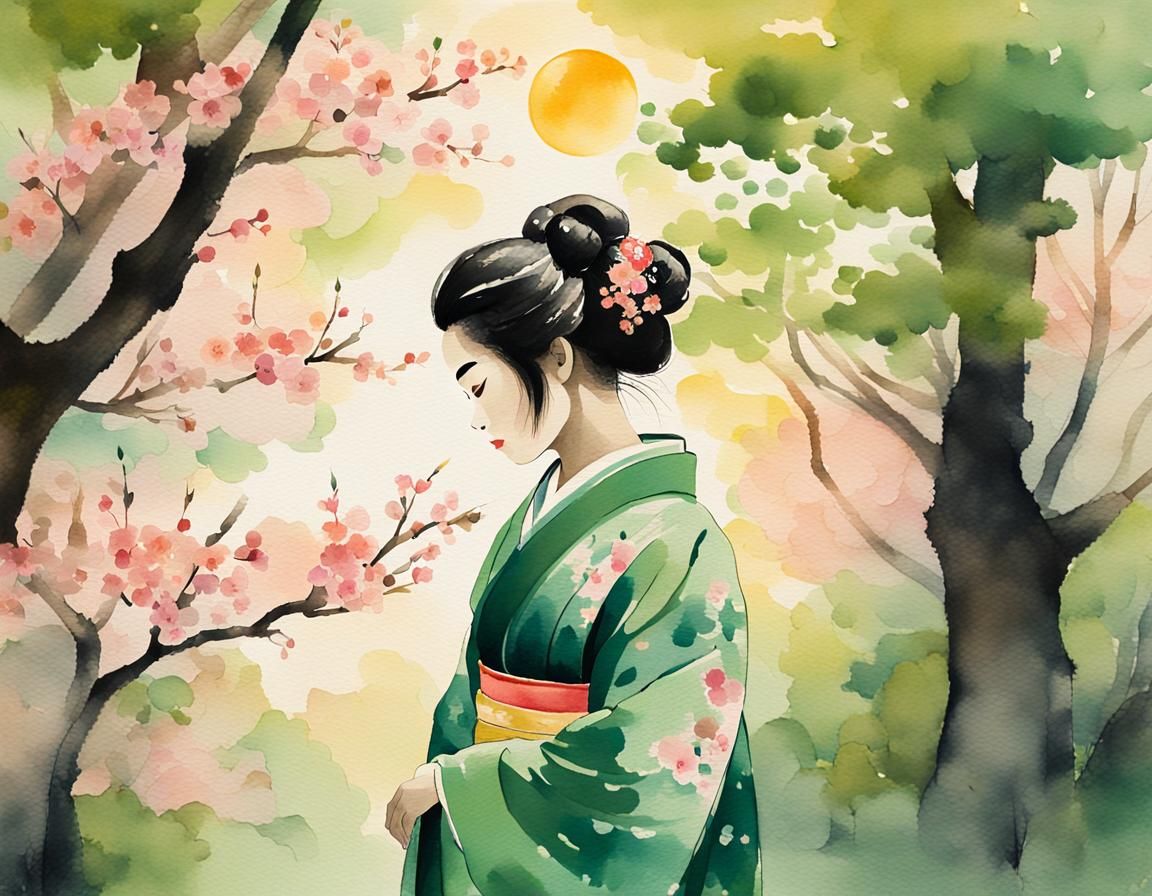 Geisha in Green Kimono in Japanese Garden