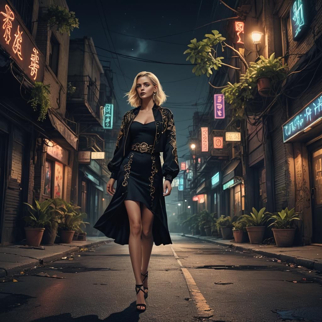 Midnight Fantasy: Woman in Neon-lit Street