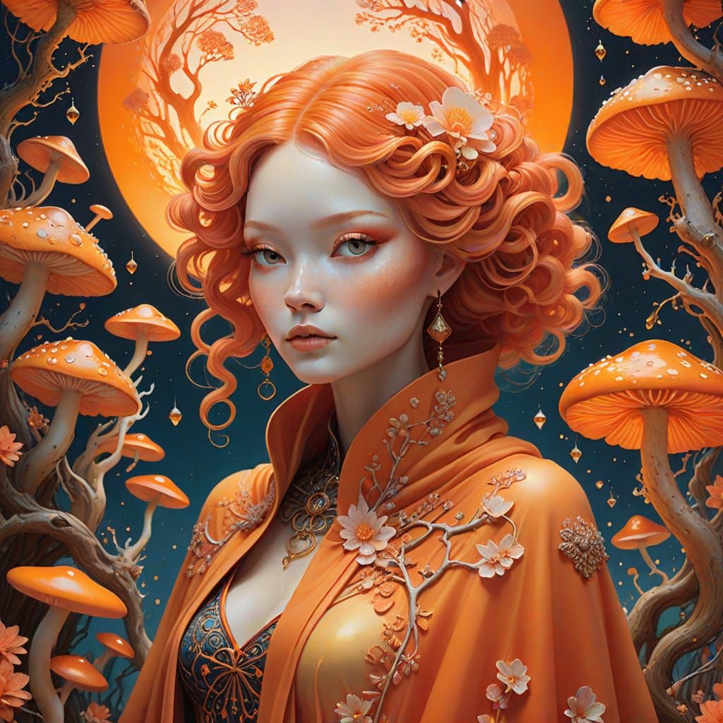Whimsical Orange Goddess in Enchanted Dreamscape
