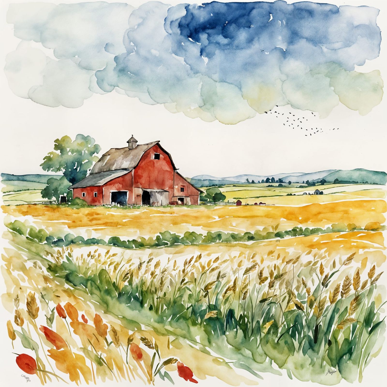 Watercolor Red Barn in Golden Wheat Field