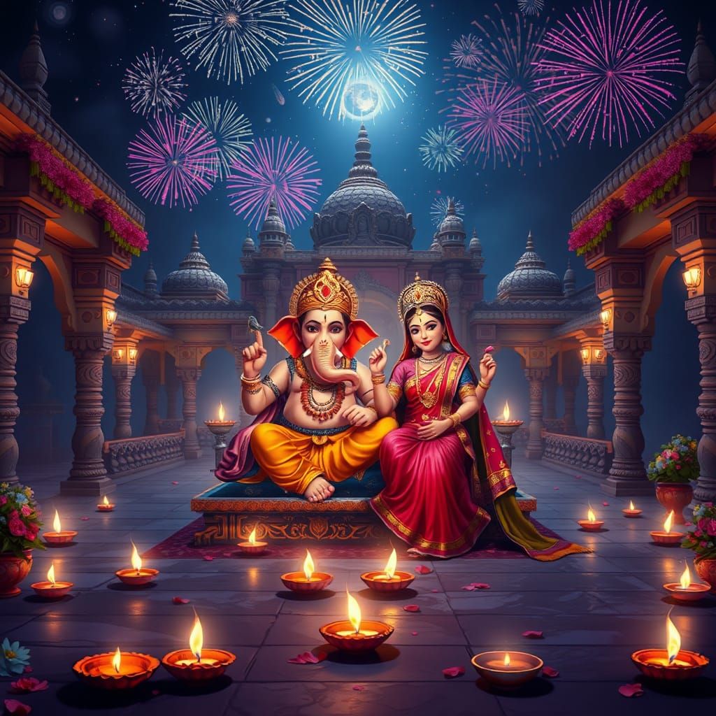 Ganesha and Lakshmi Diwali Celebration in Digital Art