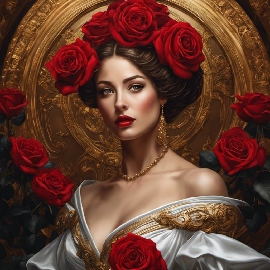 Sci-Fi Baroque Woman in White Gown and Roses