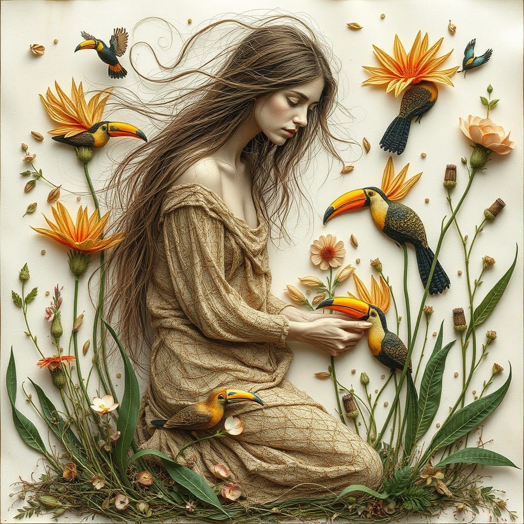 Surreal Bio-Art: Woman and Toucans in Nature