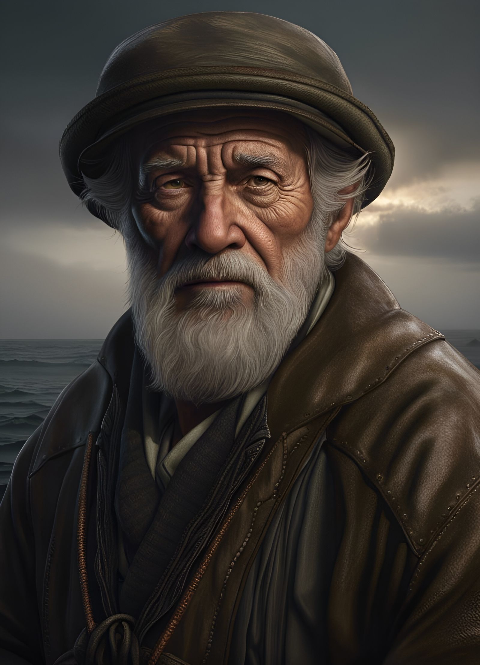 Hyperrealistic Portrait of Old Fisherman in Atmospheric Ligh...