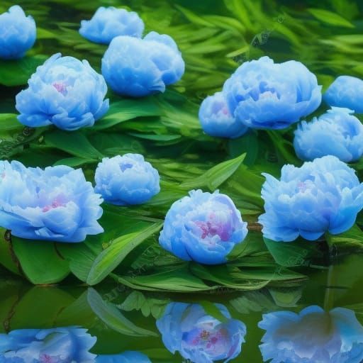 Blue pionies at a lake
